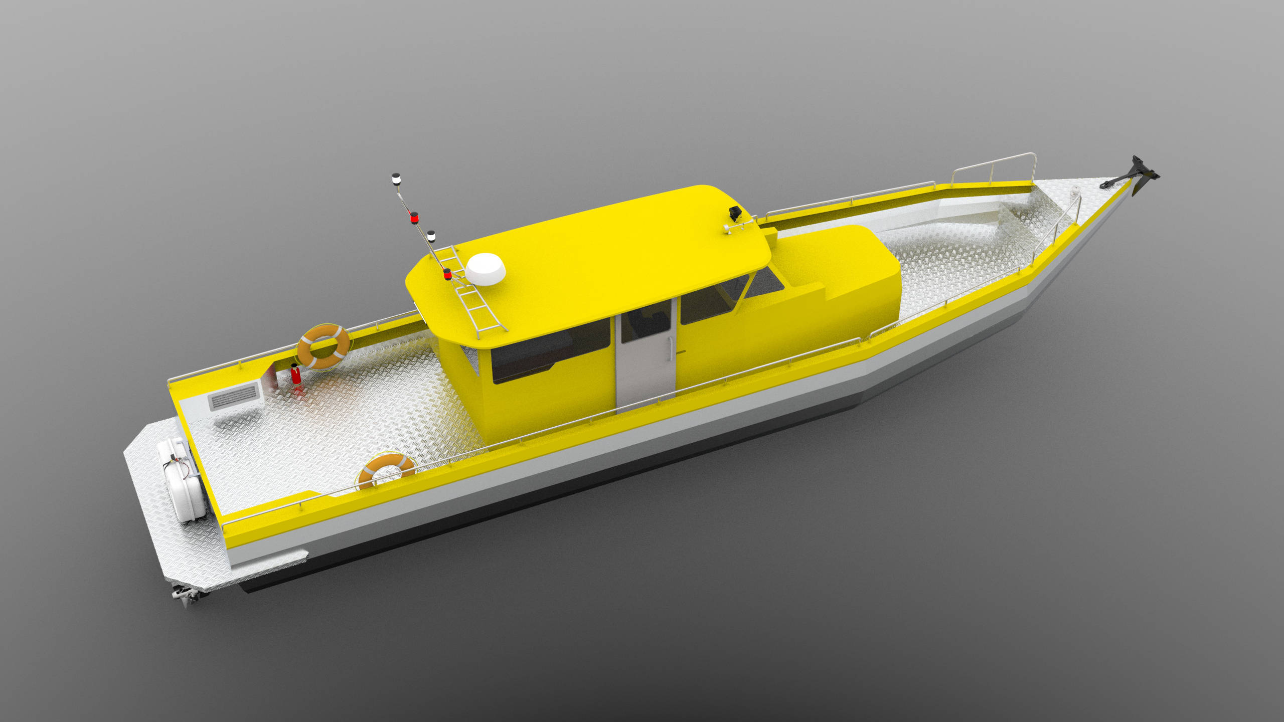 this is a 15m aluminum boat 3d rendering in concept design phase
