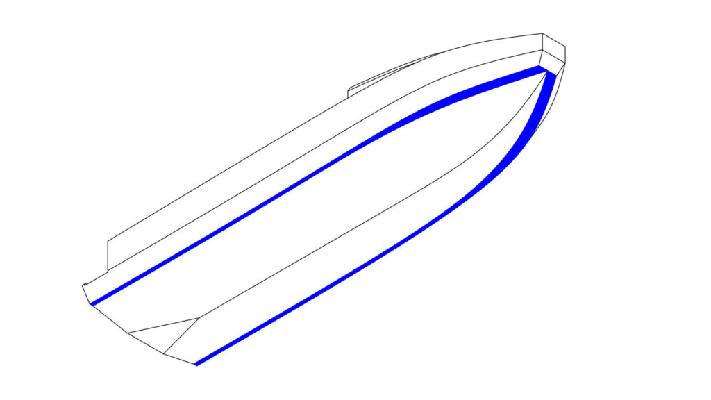 3D Perspective of Dual Chines in Modern Hard Chine Boat Design Underwater view of hard chine hull showing both port and starboard chine lines